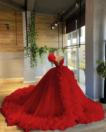 MQTIME  -  Ruffles Women Tulle Formal Party Gowns V Neck Long Evening Dresses 2024 Puffy Ball Gown Maternity Photo Dress